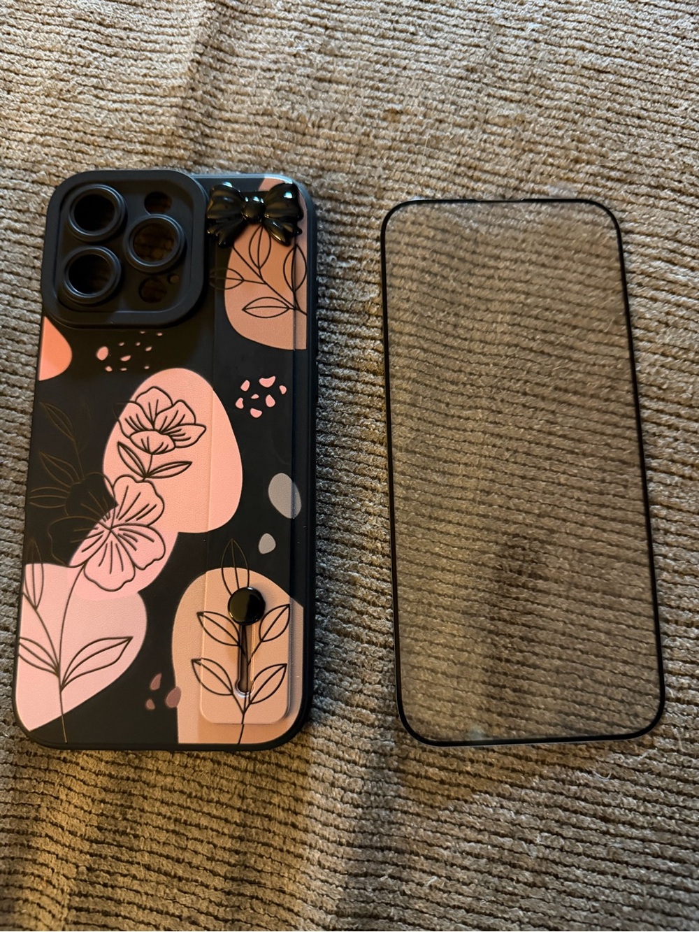 Floral Black and Pink Protective Phone Case with Tempered Glass Protector